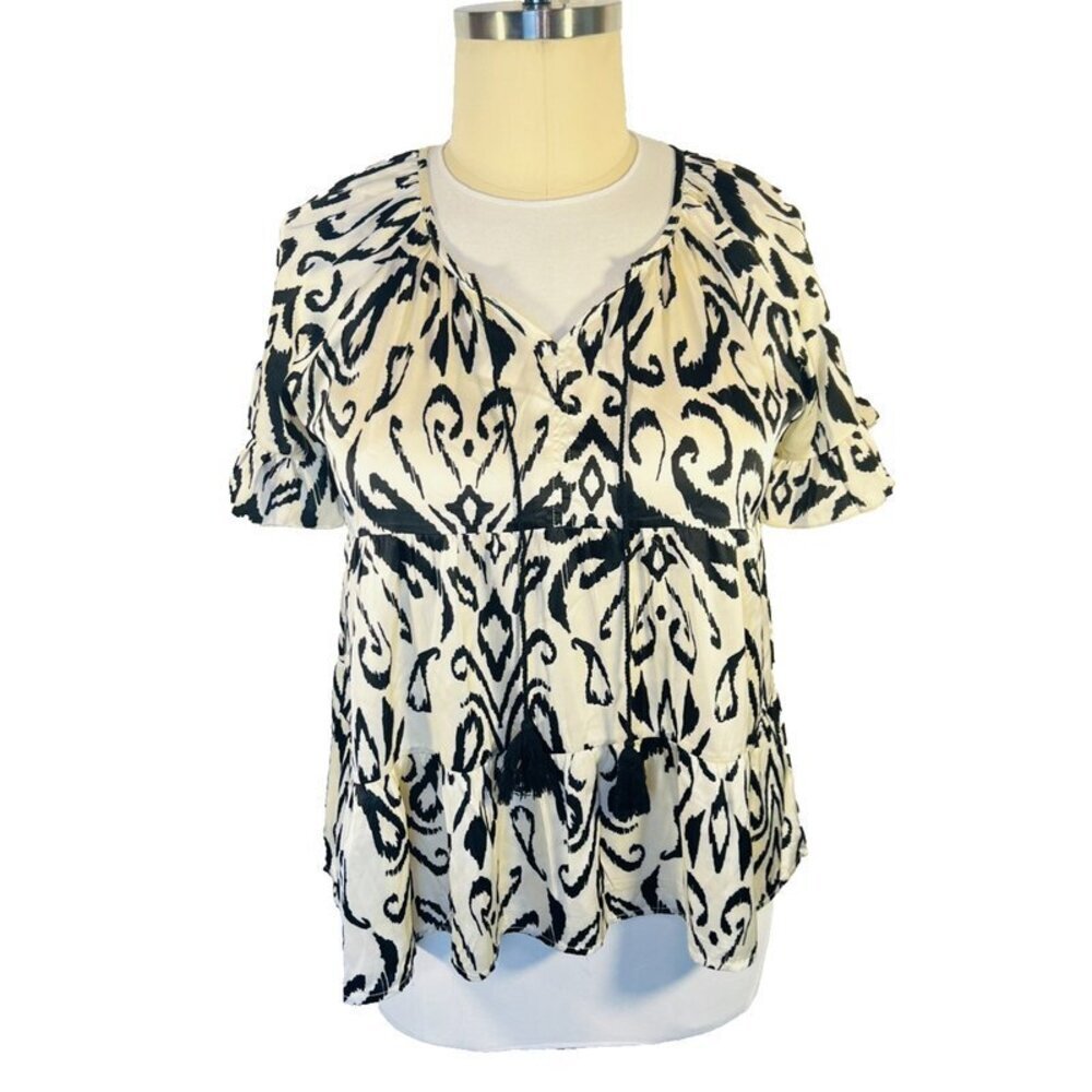 Grace & Emma - Womens L Blouse Peplum Short Sleeve Babydoll Hem Damask Ikat